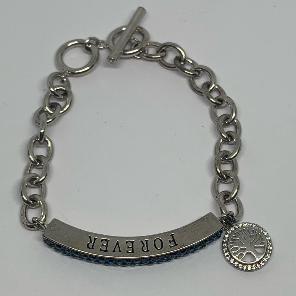 SU CZ CH Silver Tone Family Tree Forever Blue Crystal Bracelet Signed
